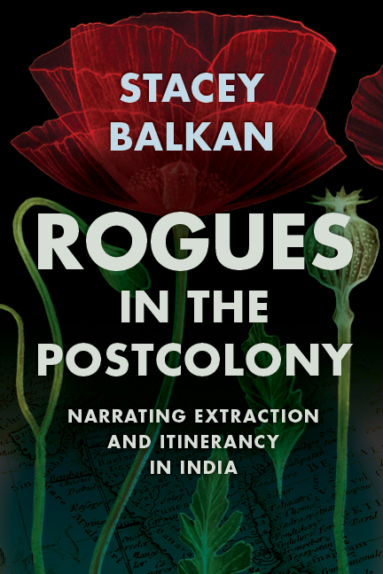 Rogues in the Postcolony cover, large transparent red poppy flower with green leaves on a black background