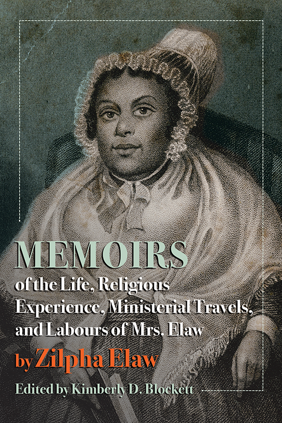 Memoirs of the Life, Religious Experience, Ministerial Travels, and Labours of Mrs. Elaw cover, woodblock image of Mrs. Elaw