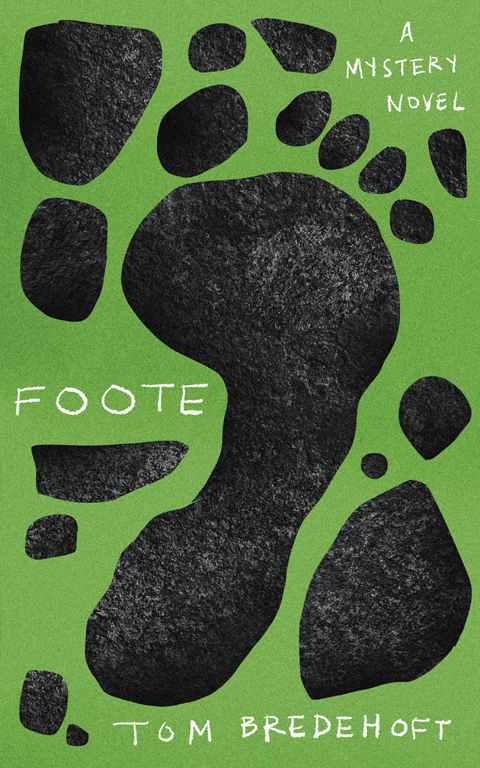 Green background with black textured rocks surrounding rocks in the shape of a footprint